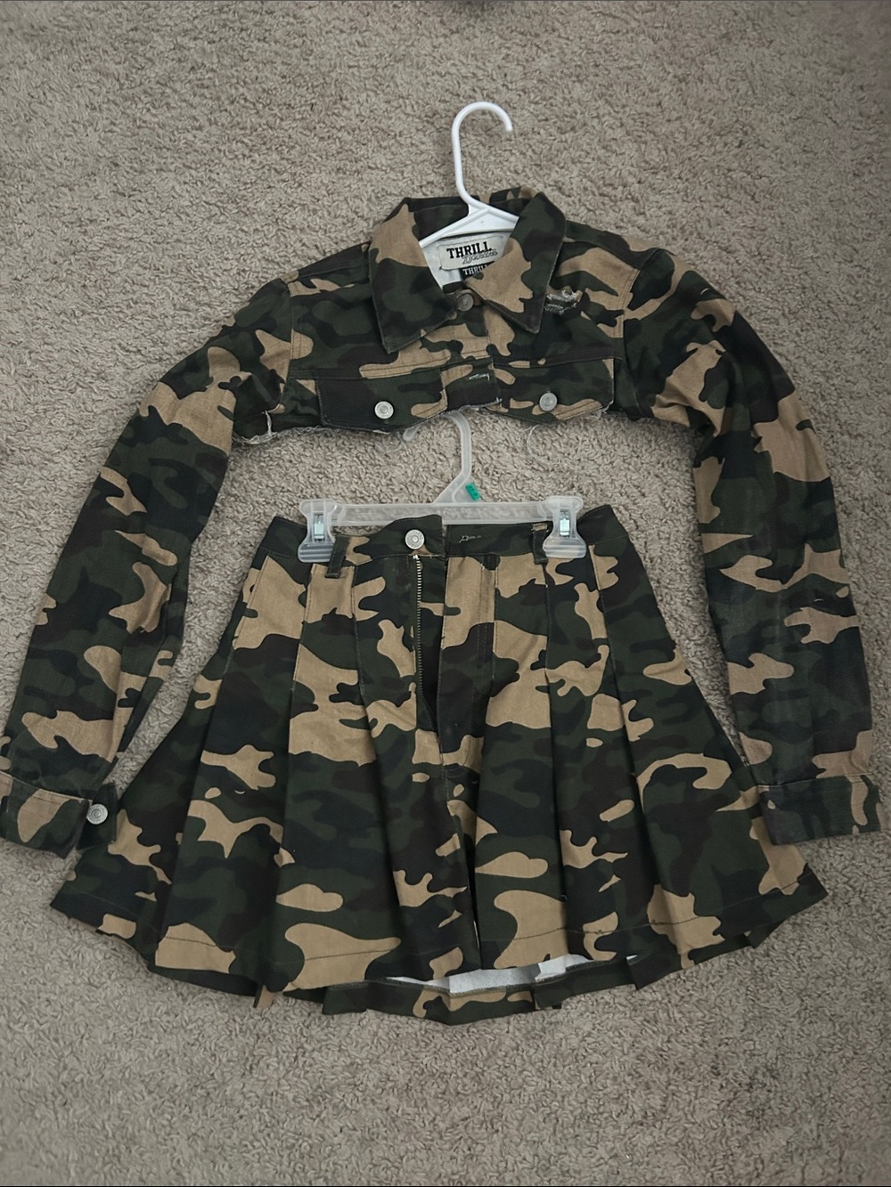 Thrill Olive & Tan Camo Crop Jacket with Pleated Mini Skirt